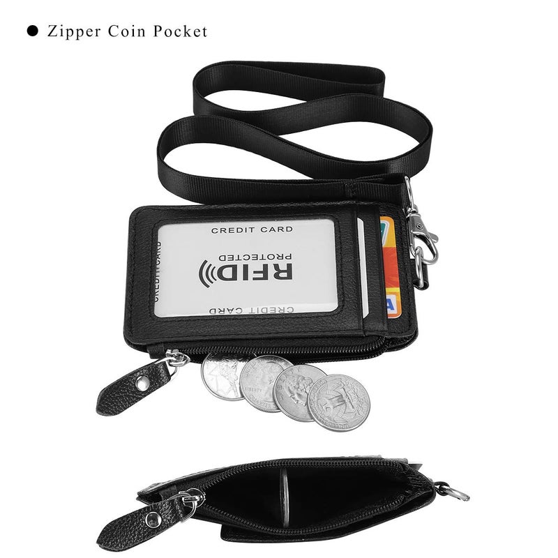 HAWEE Badge Holder with Zipper Genuine Leather RFID Keychain Wallet Neck Lanyards with Swivel Hook for Card/Coin/Cash, Black - Image 3